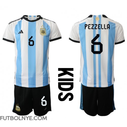 Camiseta Argentina German Pezzella #6 Primera Equipación para niños Mundial 2022 manga corta (+ pantalones cortos)